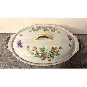 Vintage Ceramic Small 1qt. Covered Casserole Dish w/ Butterflies and Strawberrie